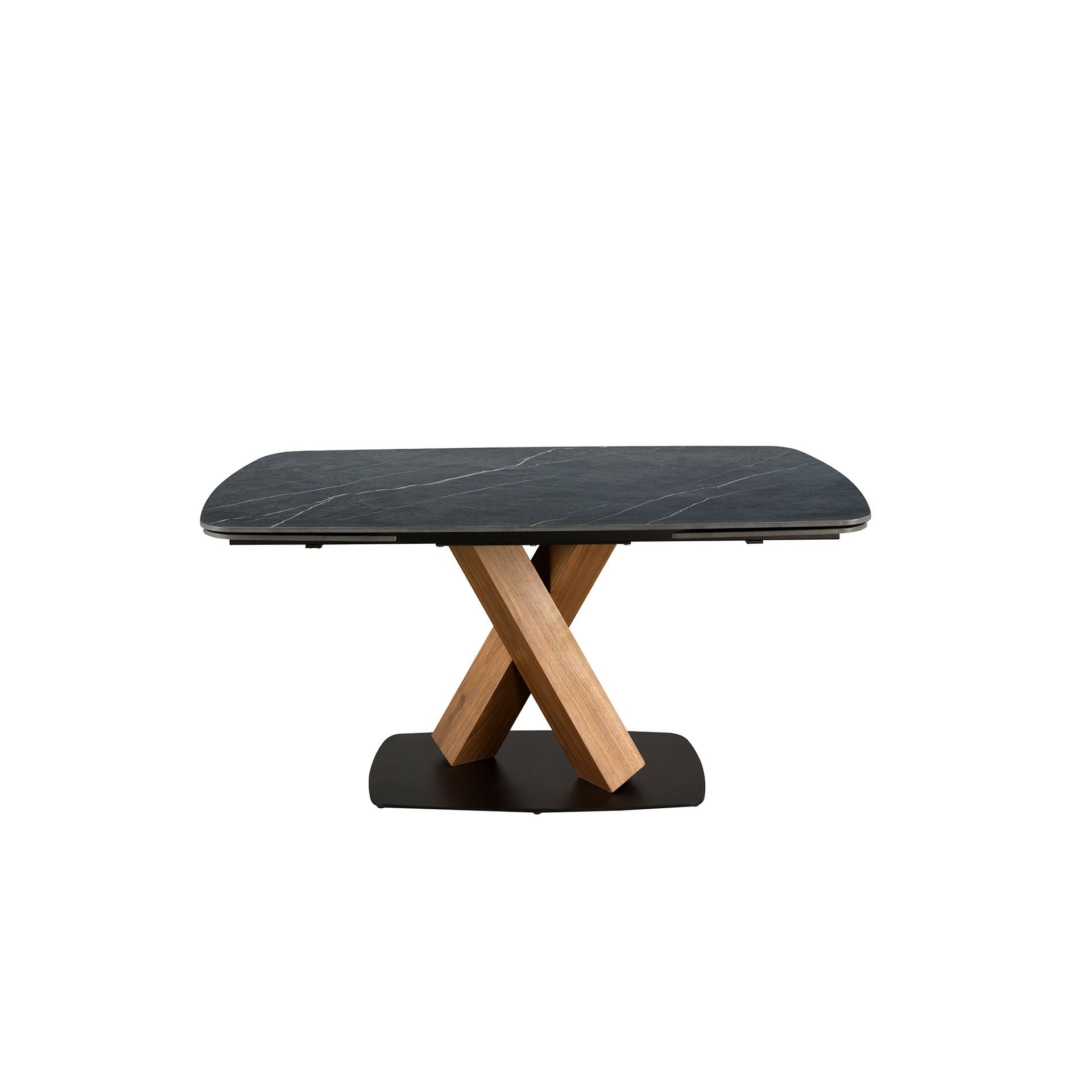 Extendable oval dining table with porcelain marble and walnut base