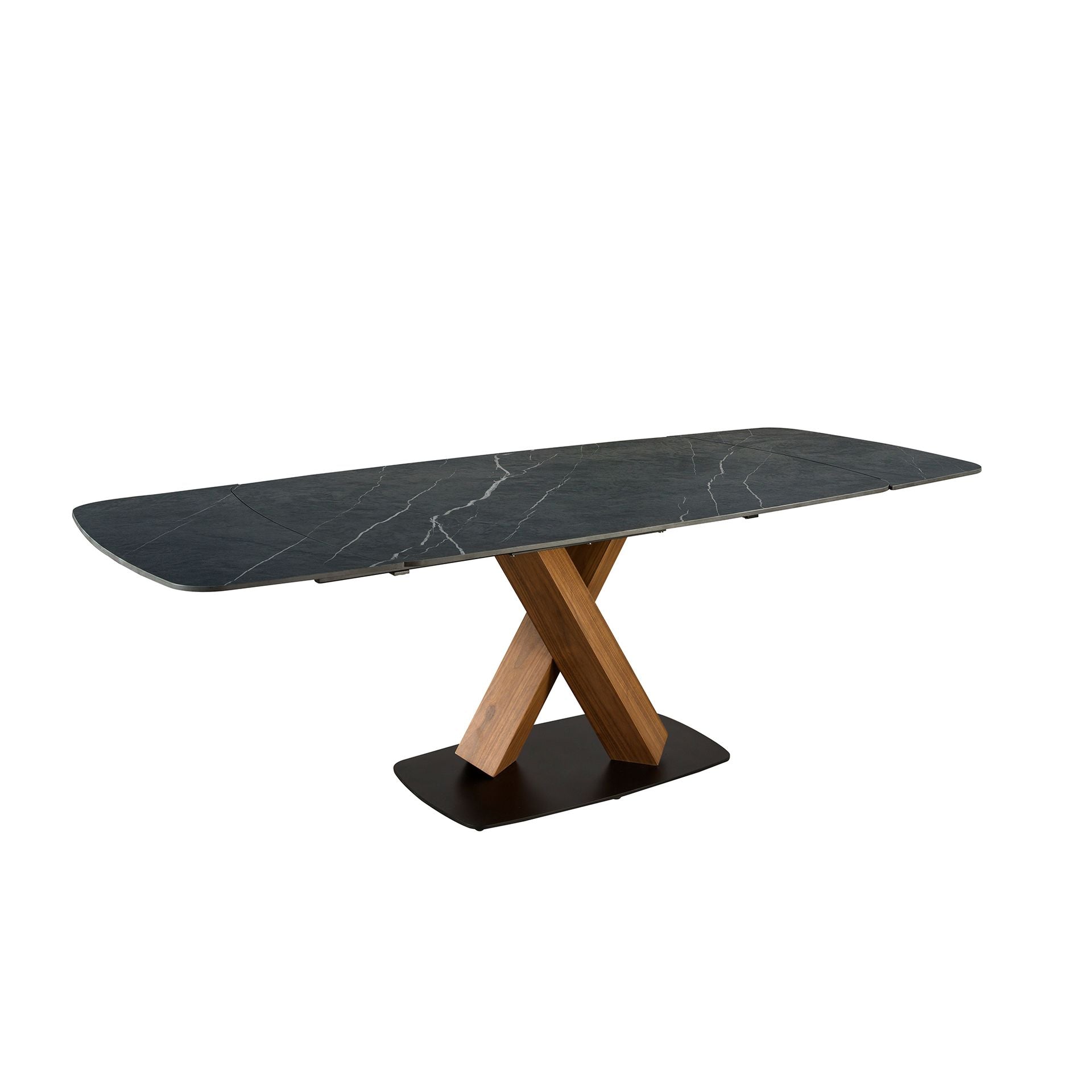 Extendable oval dining table with porcelain marble and walnut base