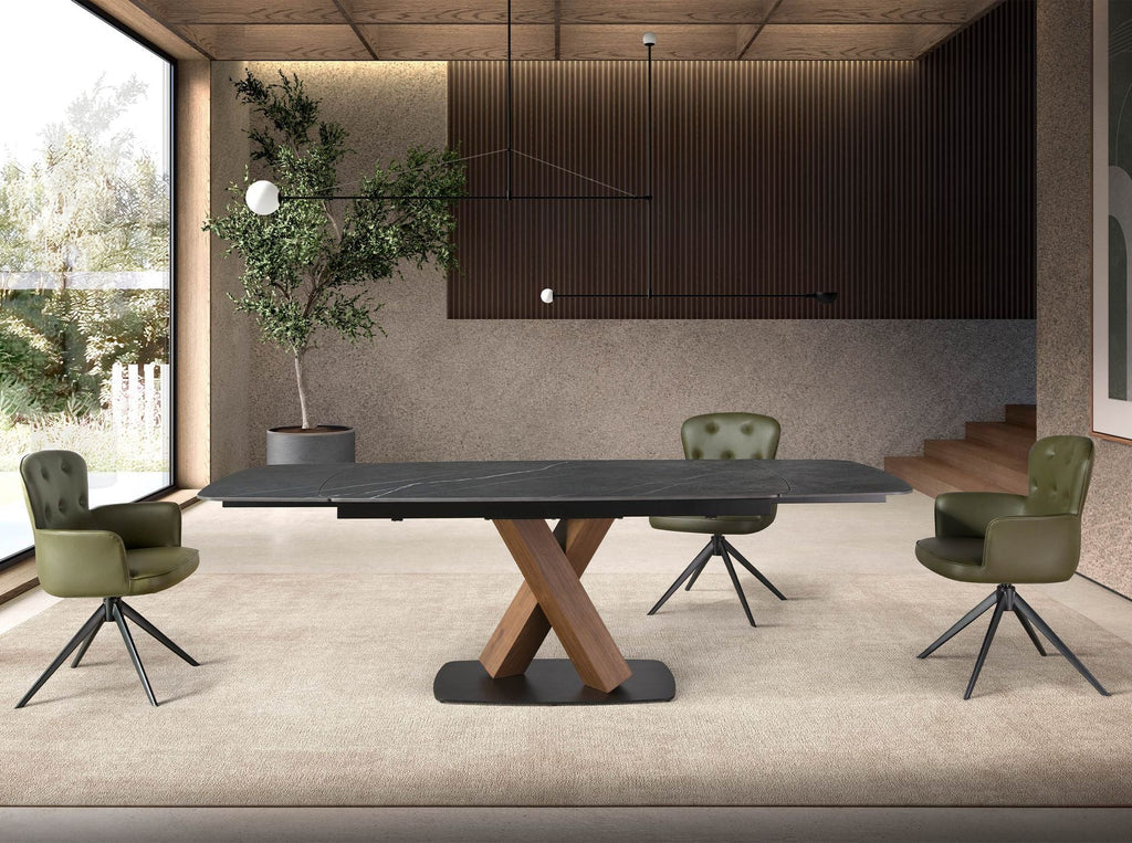 Extendable oval dining table with porcelain marble and walnut base