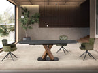 Extendable oval dining table with porcelain marble and walnut base