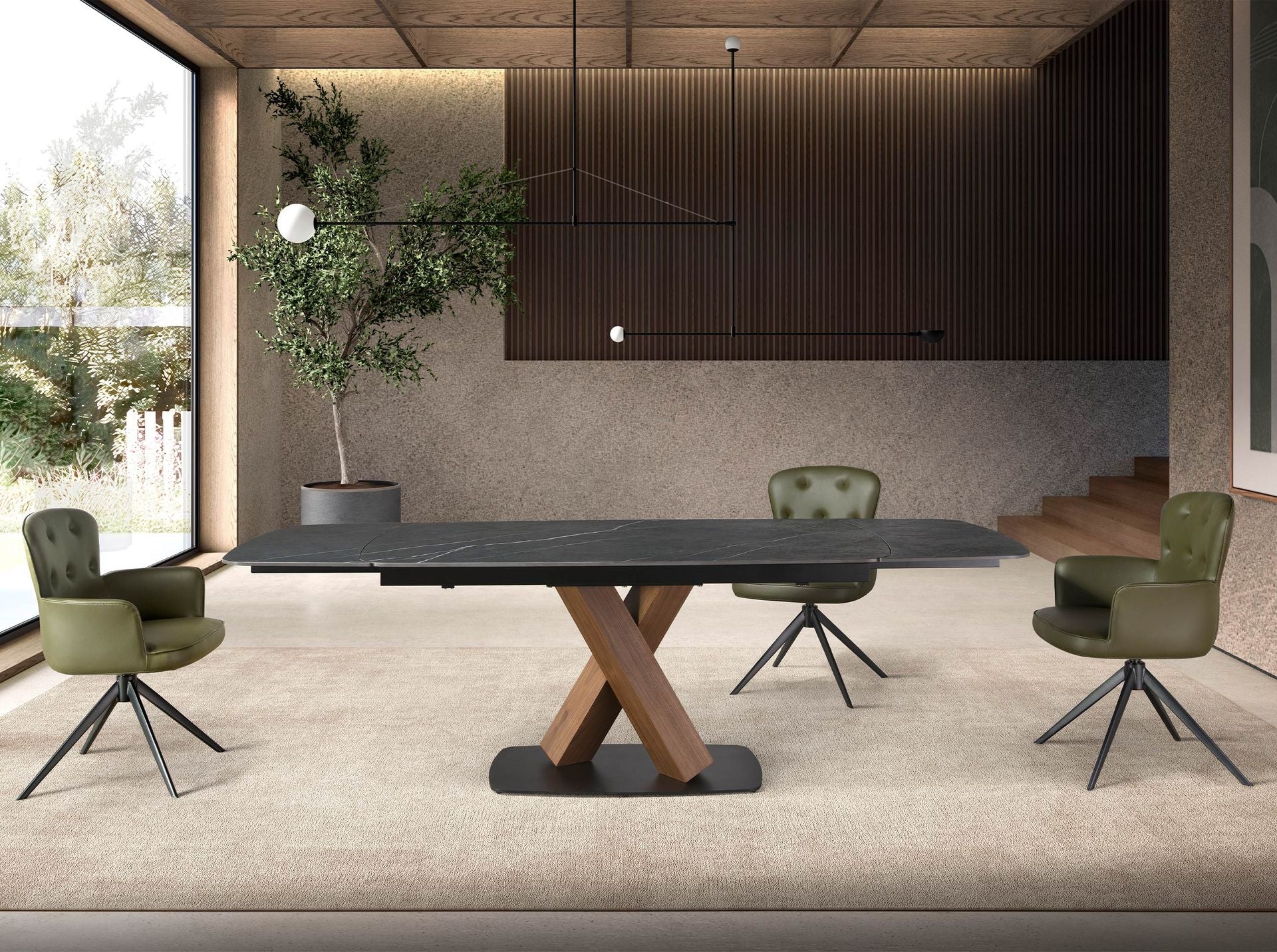 Extendable oval dining table with porcelain marble and walnut base