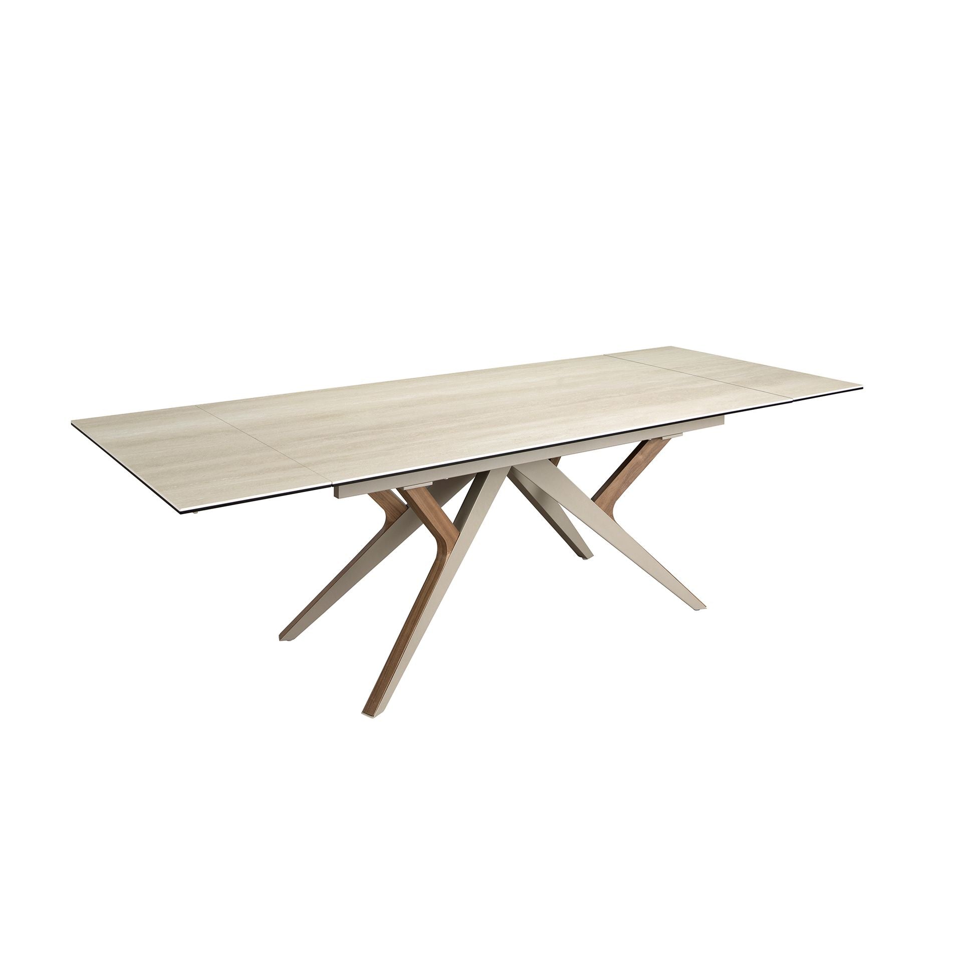 Rectangular extendable dining table in porcelain stoneware marble, sand metallic steel and walnut