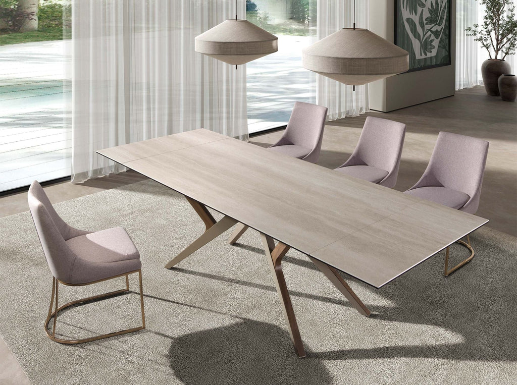 Rectangular extendable dining table in porcelain stoneware marble, sand metallic steel and walnut