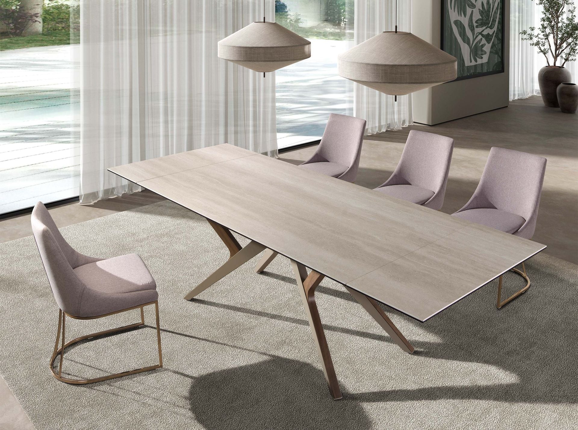 Rectangular extendable dining table in porcelain stoneware marble, sand metallic steel and walnut