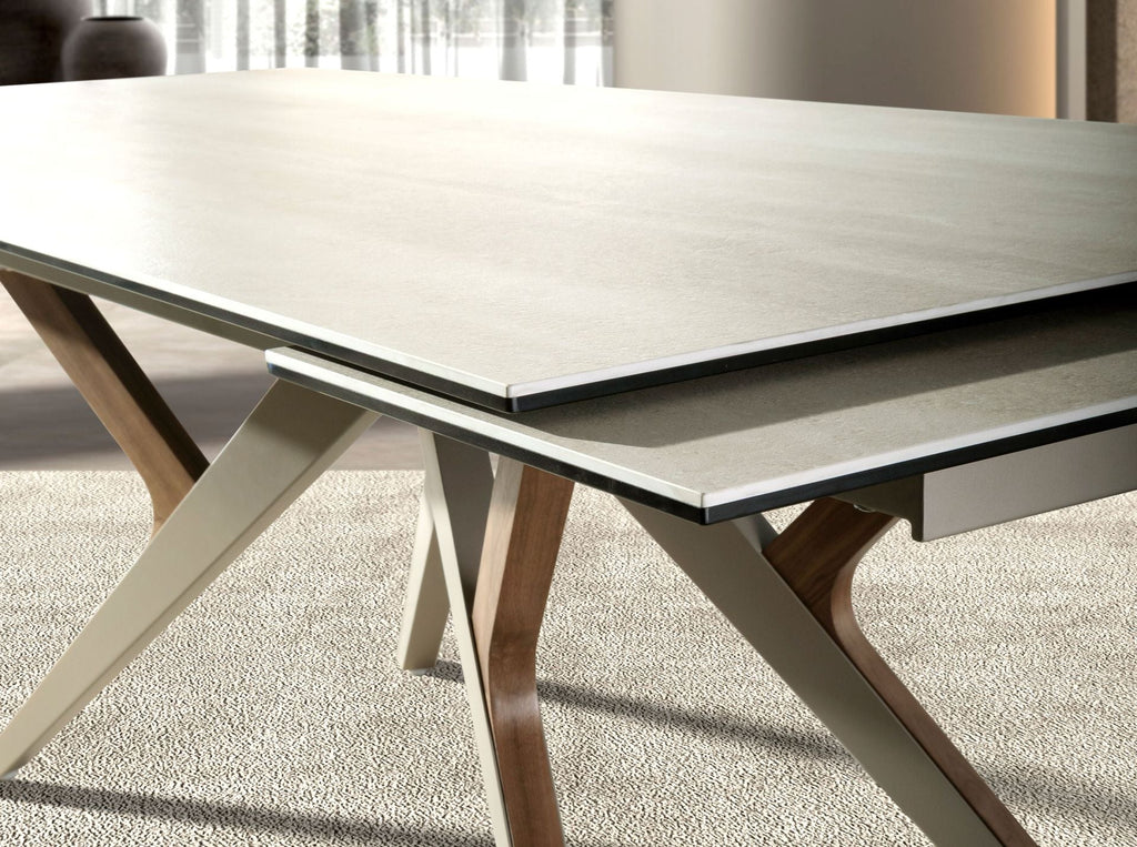 Rectangular extendable dining table in porcelain stoneware marble, sand metallic steel and walnut