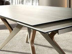 Rectangular extendable dining table in porcelain stoneware marble, sand metallic steel and walnut