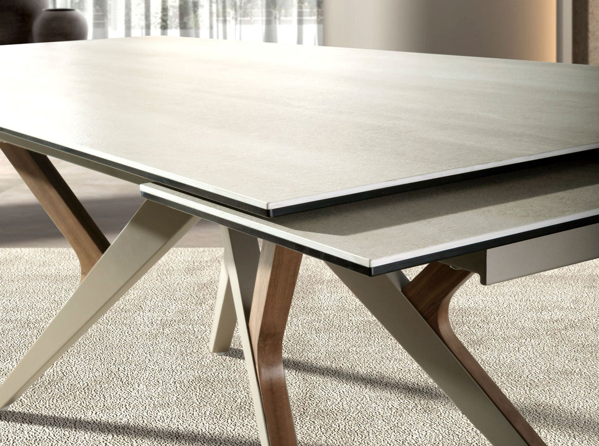 Rectangular extendable dining table in porcelain stoneware marble, sand metallic steel and walnut