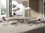 Rectangular extendable dining table in porcelain stoneware marble, sand metallic steel and walnut