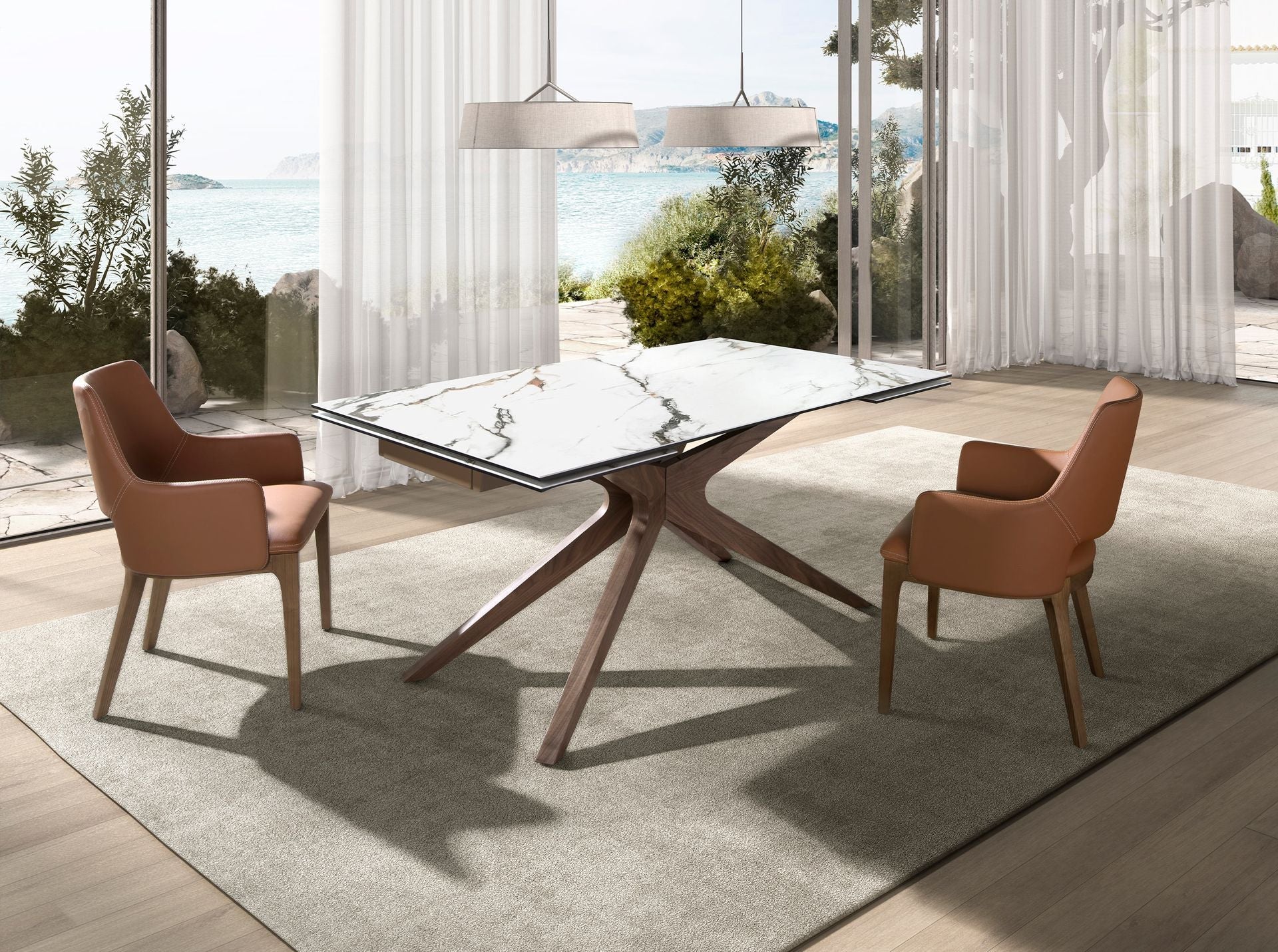 Dining table rectangular extendable in porcelain stoneware and walnut