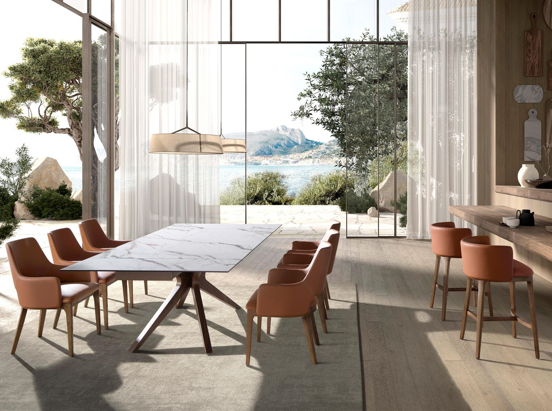 Dining table rectangular extendable in porcelain stoneware and walnut