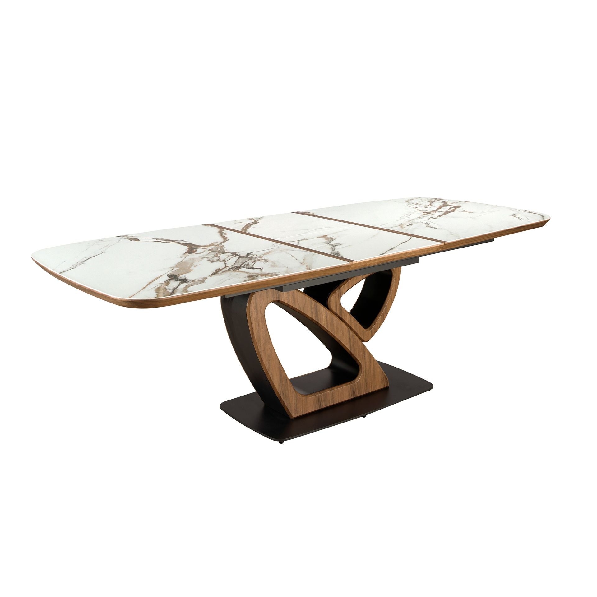 Extendable oval dining table with porcelain marble and walnut base