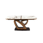 Extendable oval dining table with porcelain marble and walnut base