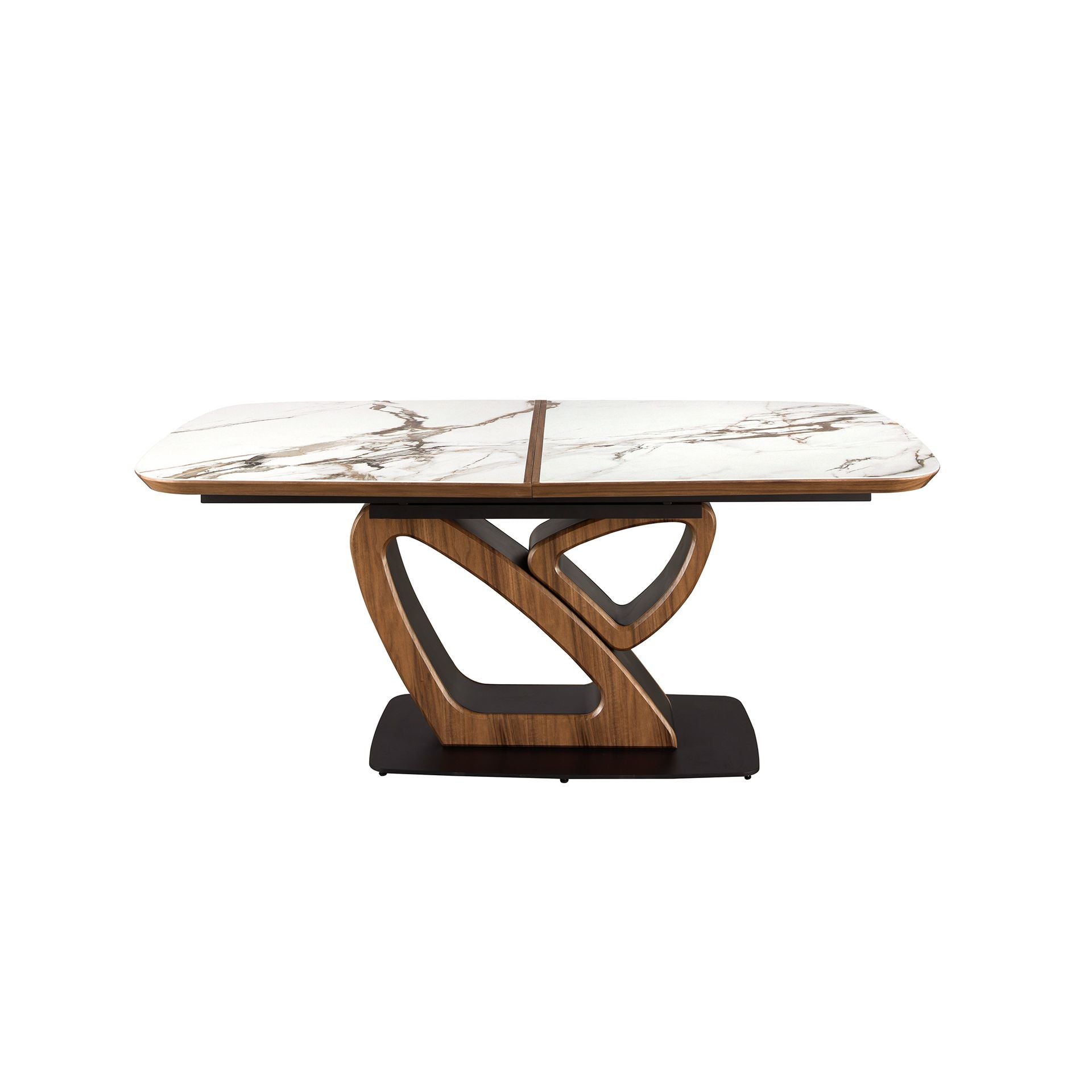 Extendable oval dining table with porcelain marble and walnut base