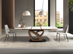 Extendable oval dining table with porcelain marble and walnut base