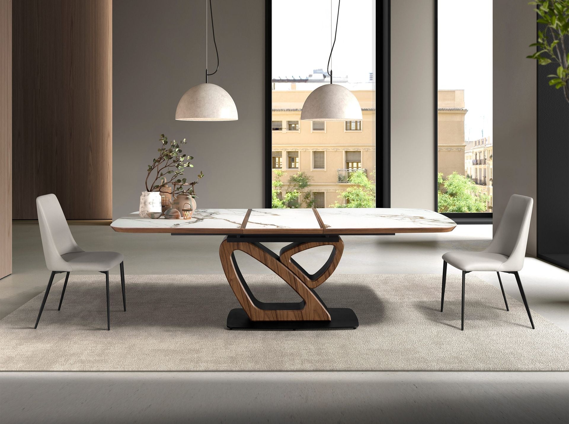 Extendable oval dining table with porcelain marble and walnut base