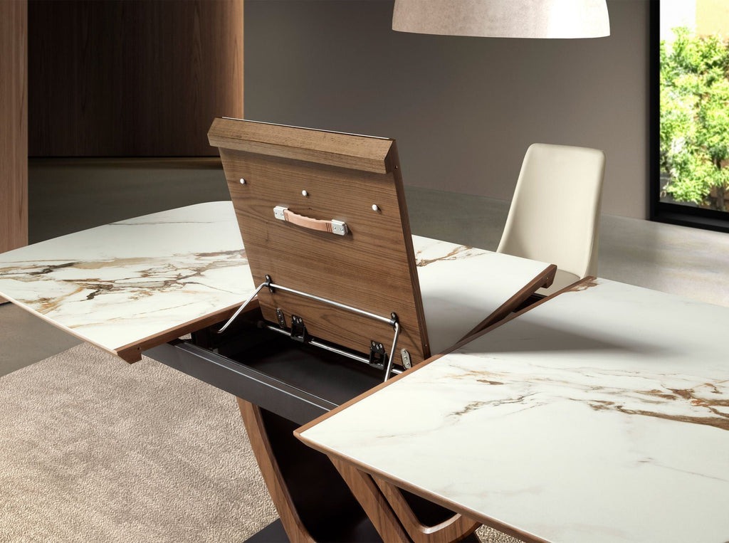 Extendable oval dining table with porcelain marble and walnut base
