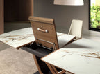 Extendable oval dining table with porcelain marble and walnut base
