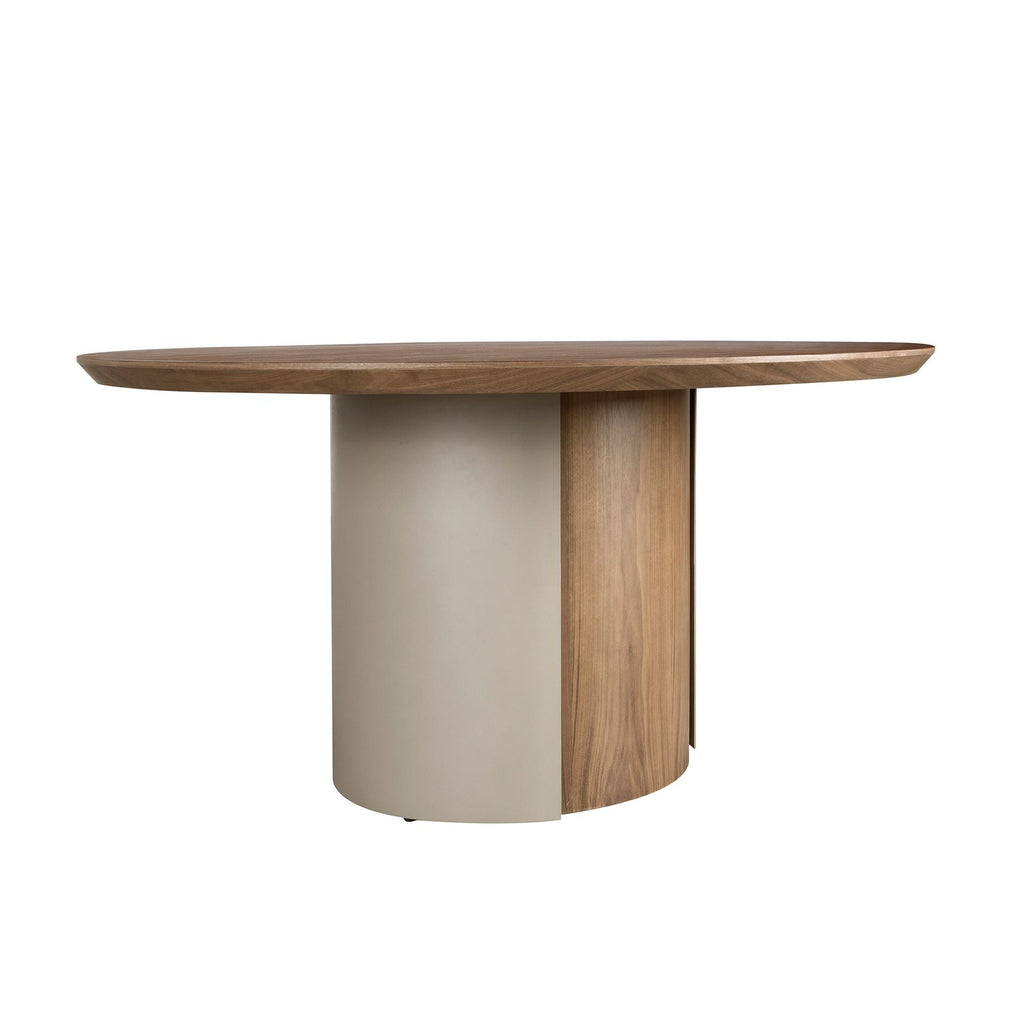 Round dining table in walnut and sand-colored metallic steel
