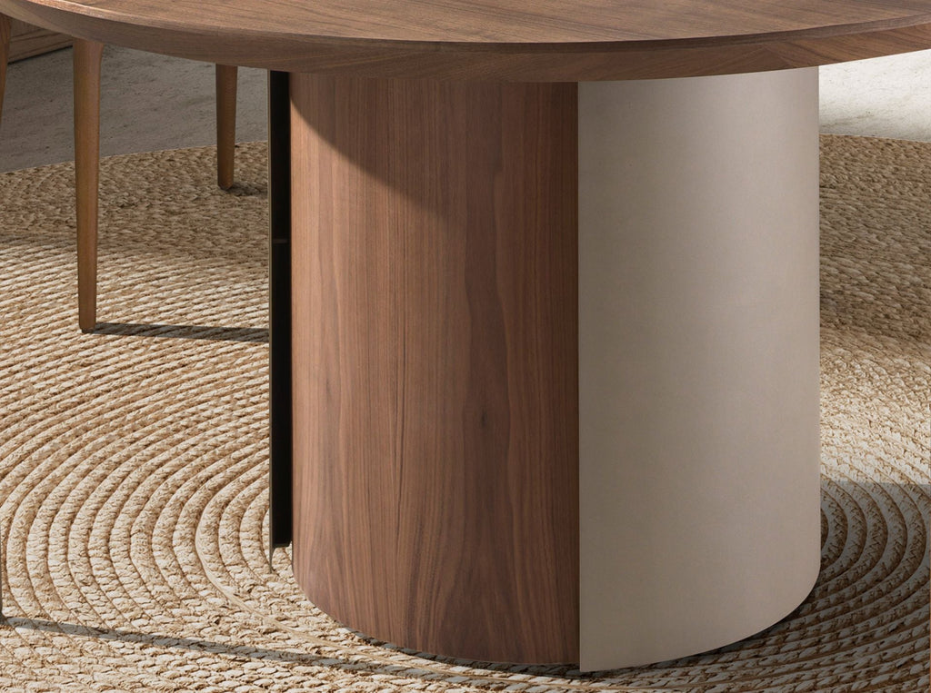 Round dining table in walnut and sand-colored metallic steel