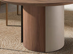 Round dining table in walnut and sand-colored metallic steel