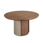 Round dining table in walnut and sand-colored metallic steel