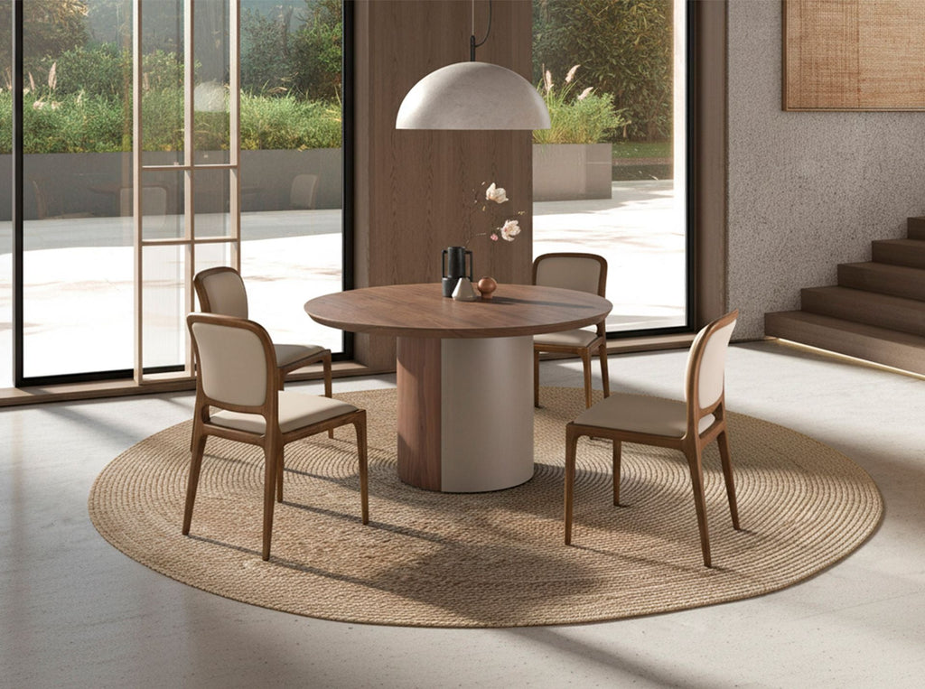 Round dining table in walnut and sand-colored metallic steel
