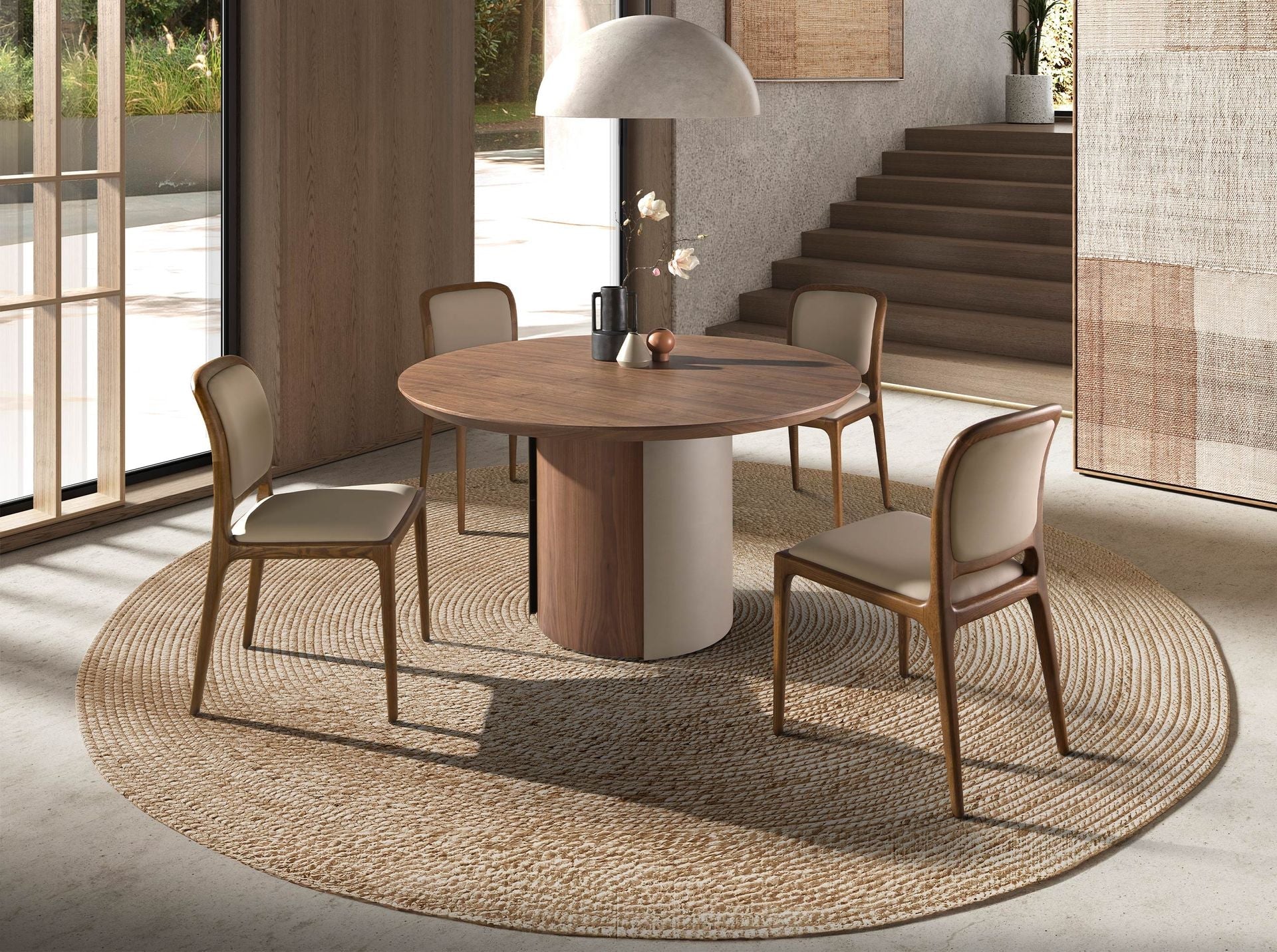 Round dining table in walnut and sand-colored metallic steel