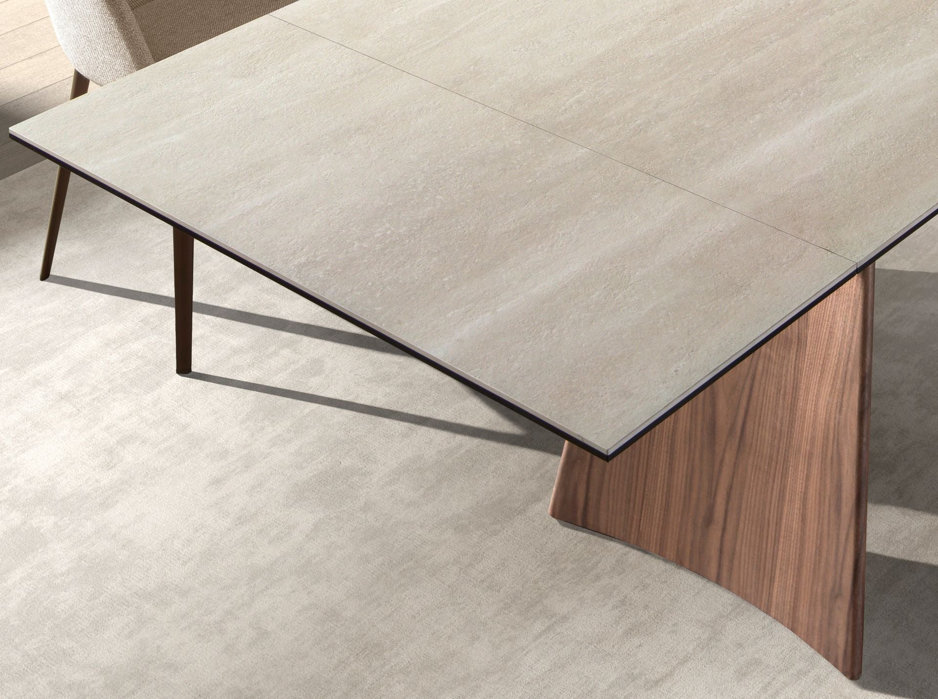 Rectangular extendable dining table in porcelain stoneware marble and walnut-effect steel