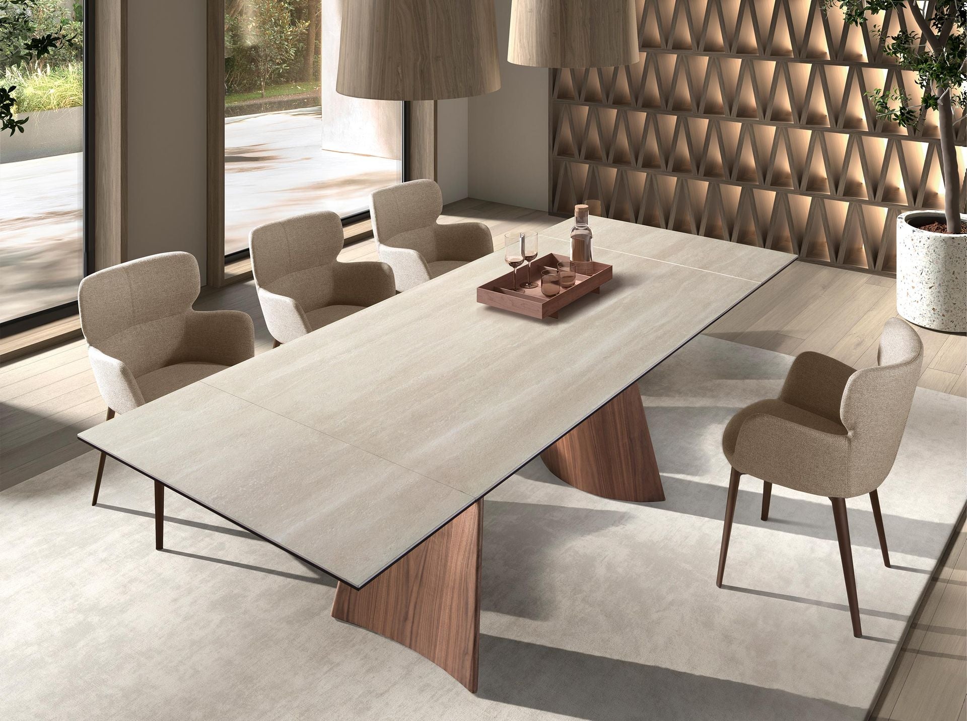 Rectangular extendable dining table in porcelain stoneware marble and walnut-effect steel