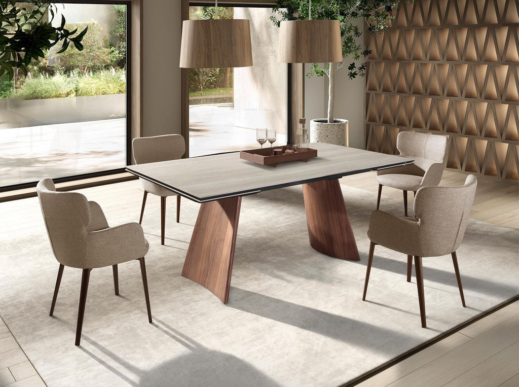 Rectangular extendable dining table in porcelain stoneware marble and walnut-effect steel