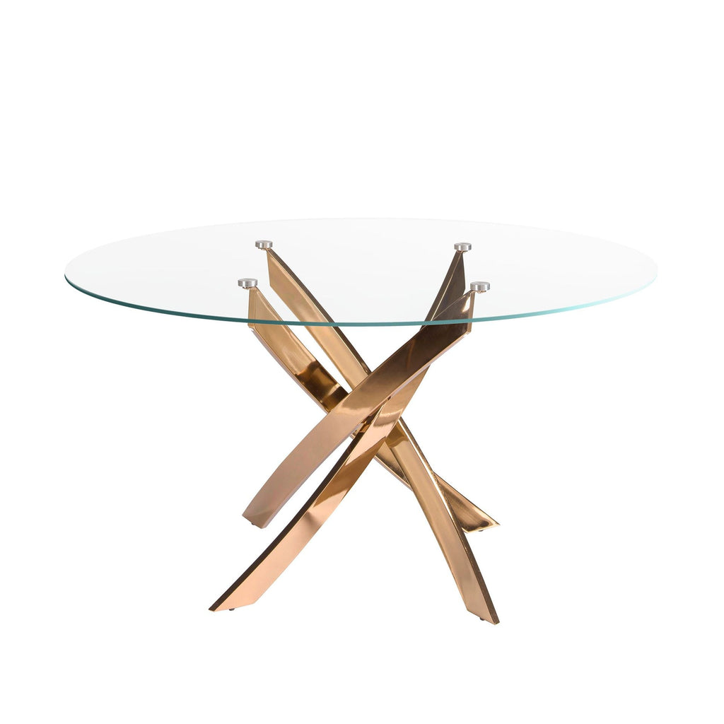 Tempered glass and pink steel round dining table