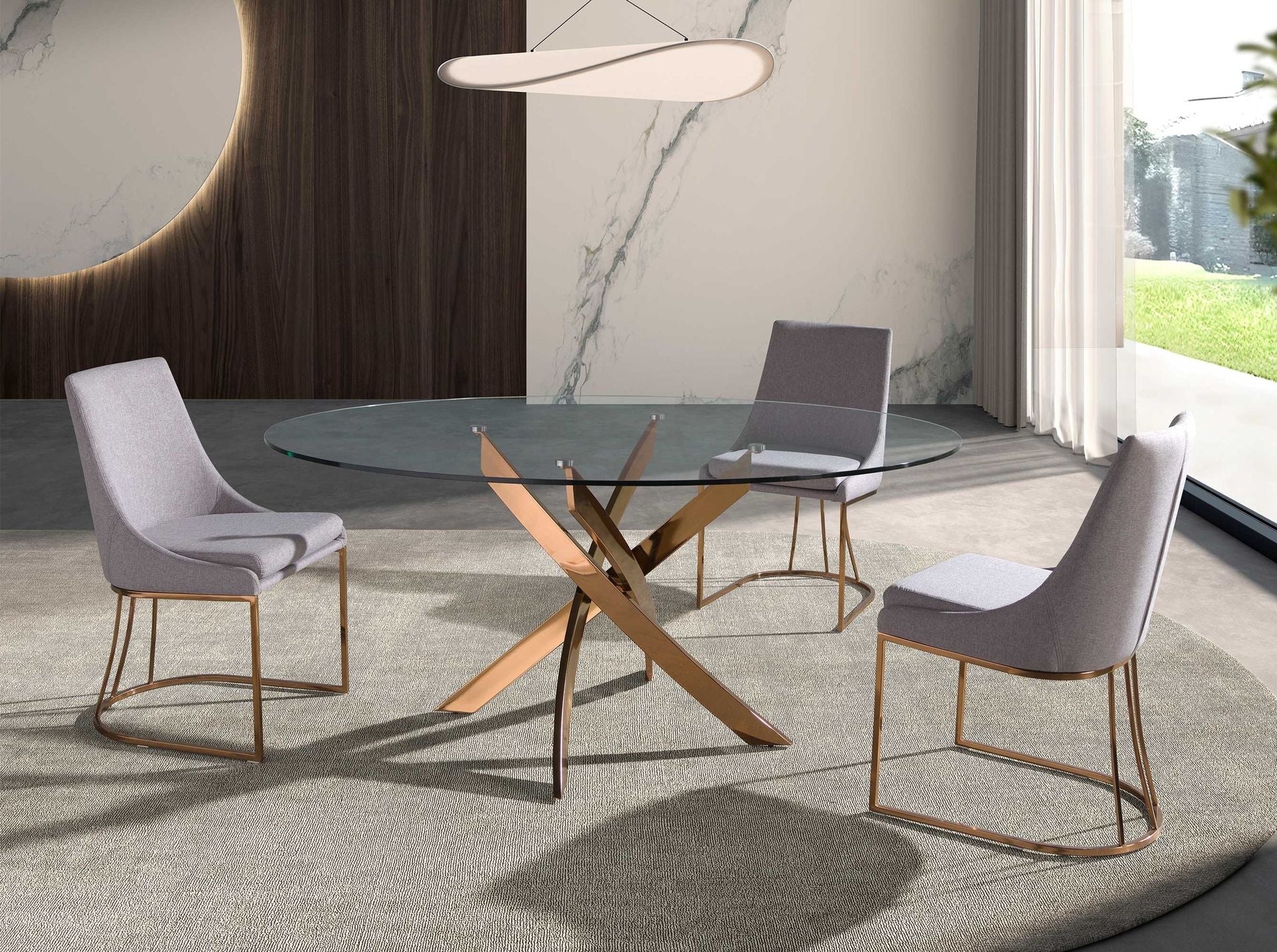 Tempered glass and pink steel round dining table