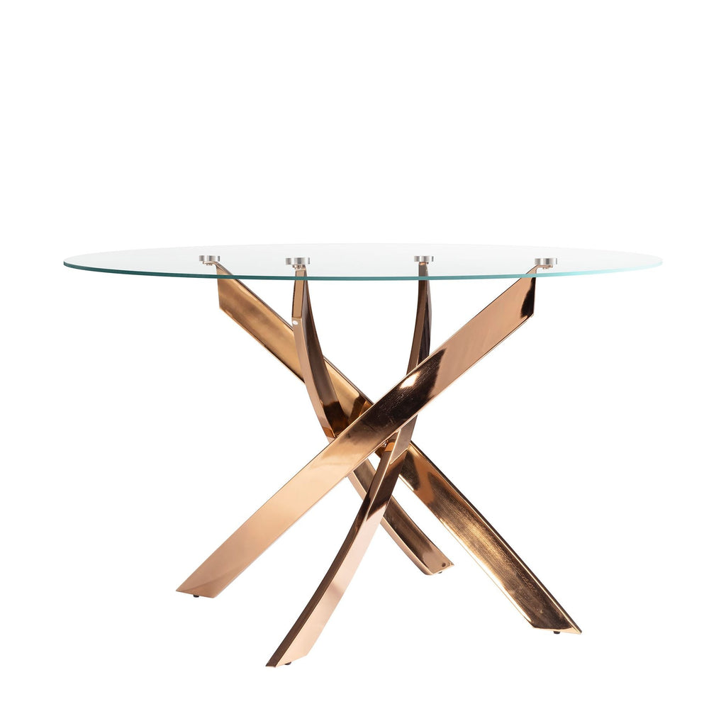 Tempered glass and pink steel round dining table