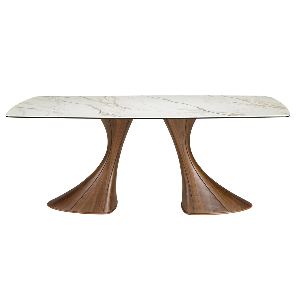Dining table, oval, with a barrel-shaped porcelain marble top and walnut base