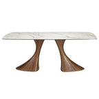 Dining table, oval, with a barrel-shaped porcelain marble top and walnut base
