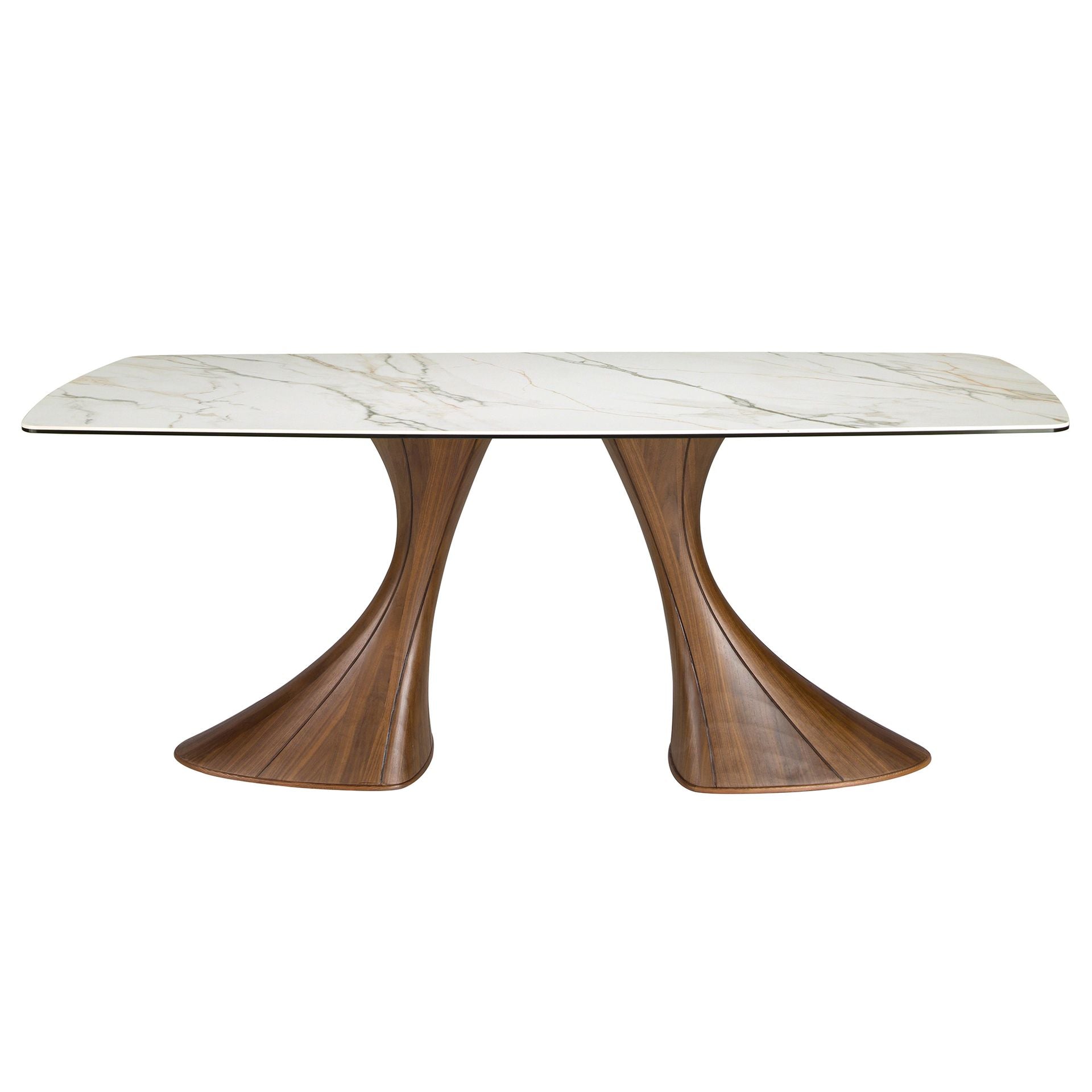 Dining table, oval, with a barrel-shaped porcelain marble top and walnut base