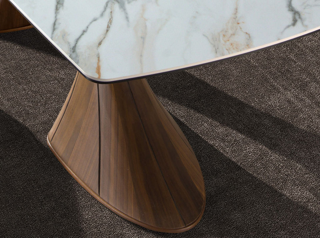 Dining table, oval, with a barrel-shaped porcelain marble top and walnut base