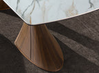 Dining table, oval, with a barrel-shaped porcelain marble top and walnut base