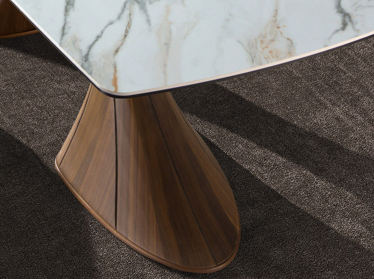 Dining table, oval, with a barrel-shaped porcelain marble top and walnut base