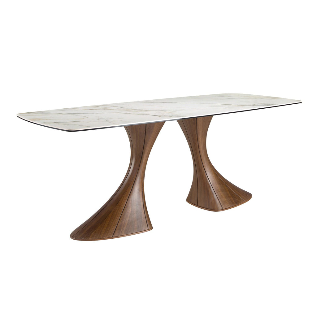 Dining table, oval, with a barrel-shaped porcelain marble top and walnut base