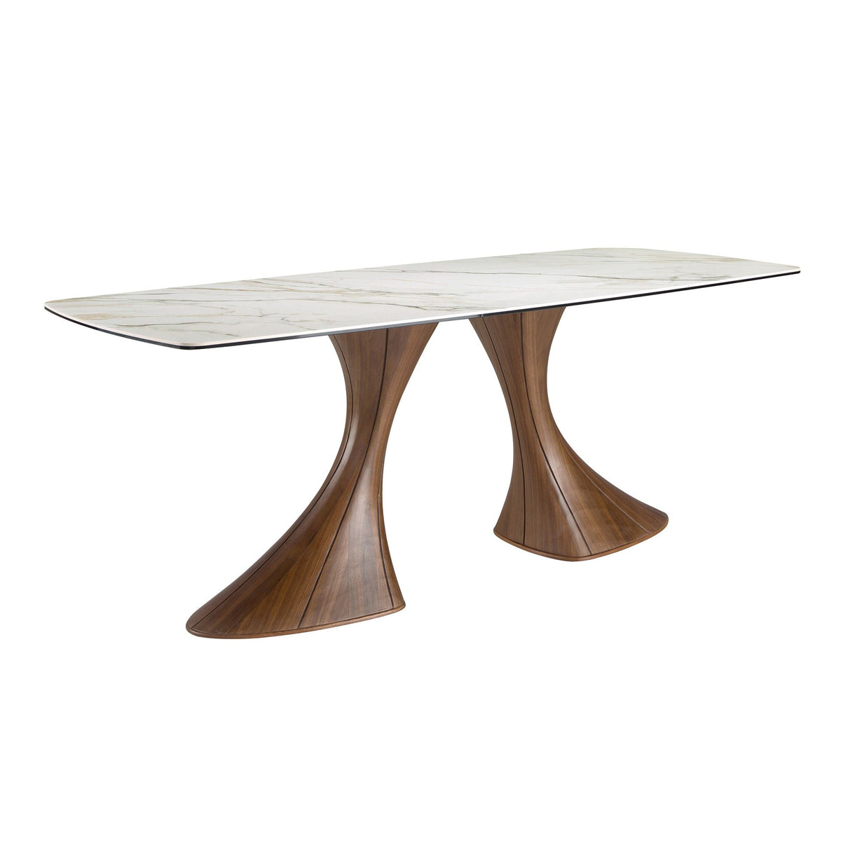 Dining table, oval, with a barrel-shaped porcelain marble top and walnut base