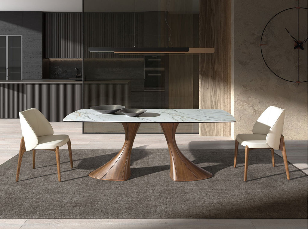 Dining table, oval, with a barrel-shaped porcelain marble top and walnut base