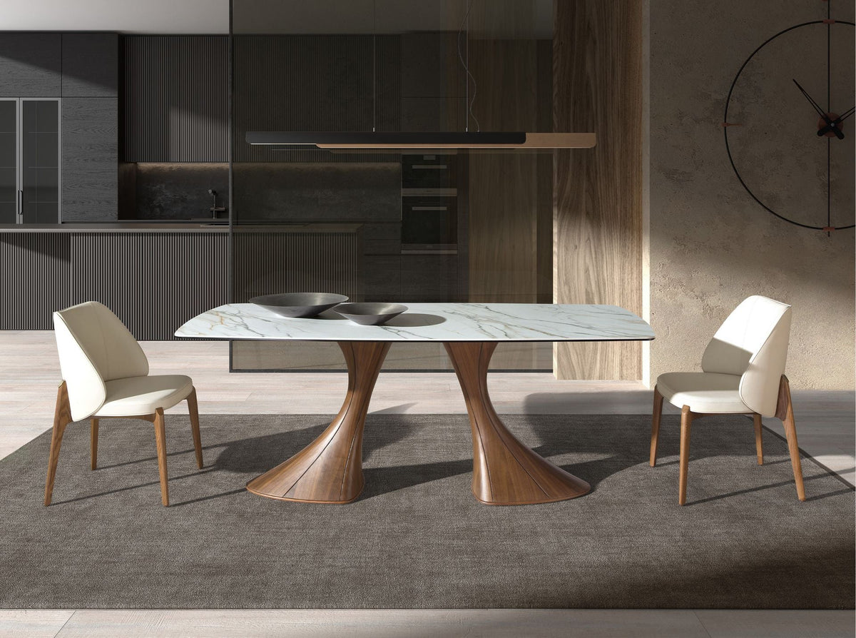Dining table, oval, with a barrel-shaped porcelain marble top and walnut base