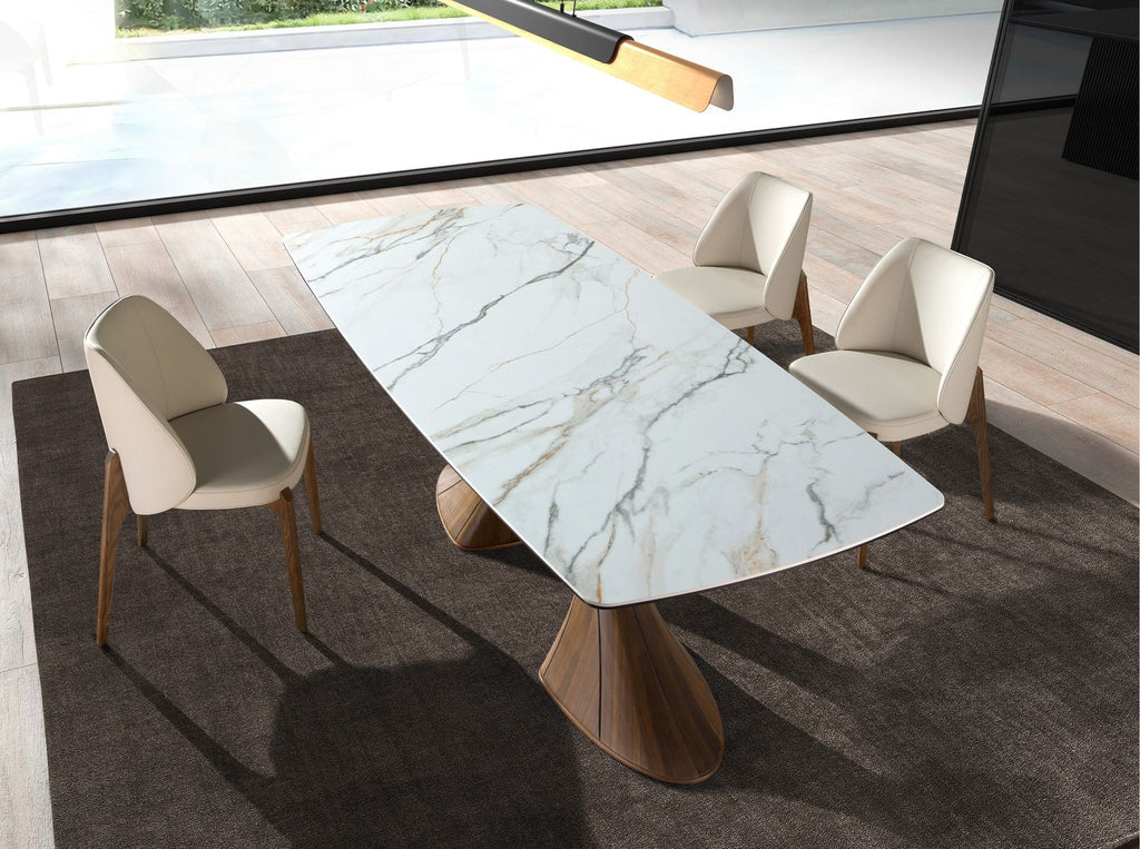 Dining table, oval, with a barrel-shaped porcelain marble top and walnut base