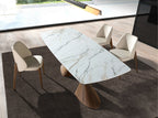 Dining table, oval, with a barrel-shaped porcelain marble top and walnut base