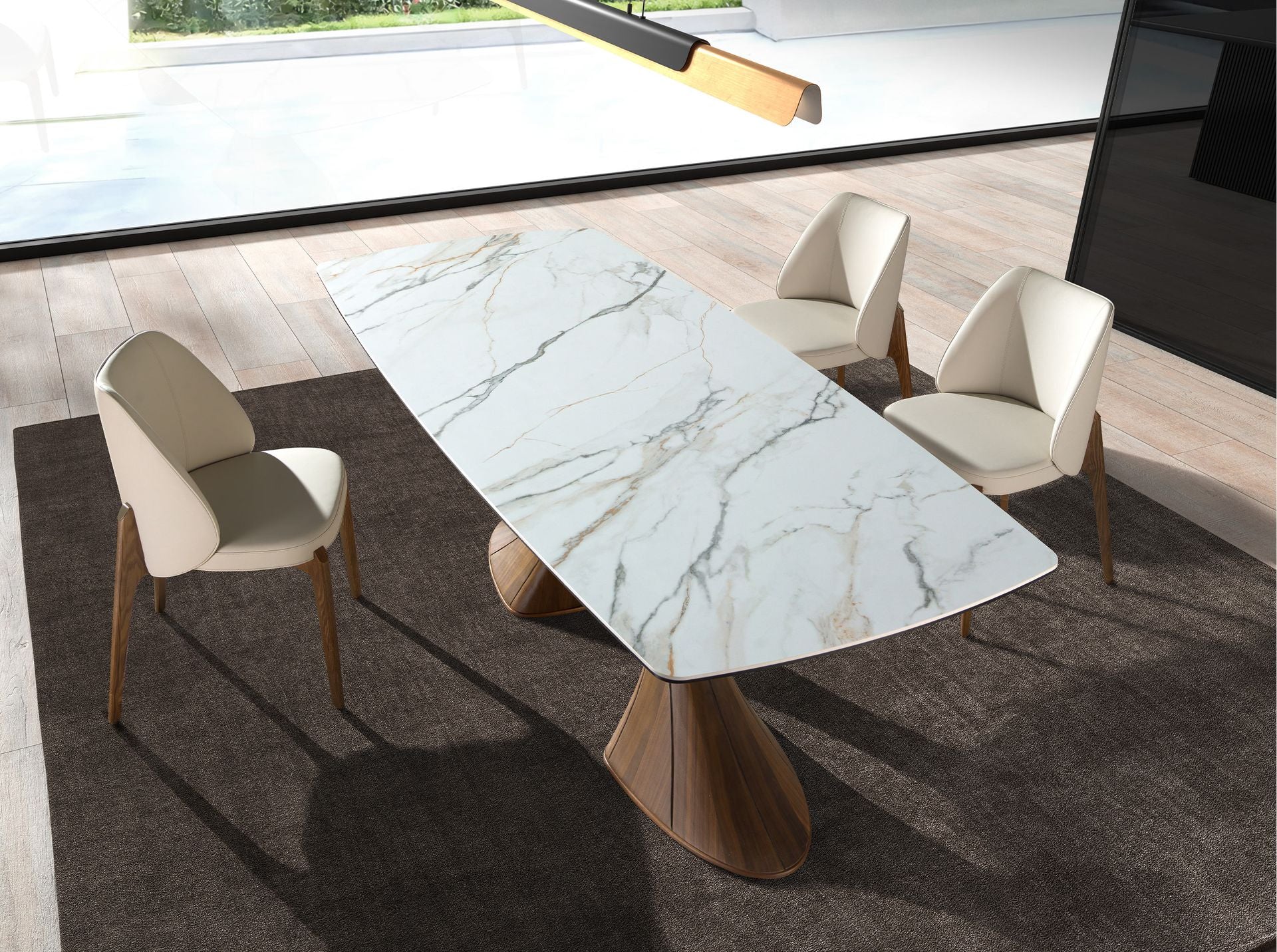 Dining table, oval, with a barrel-shaped porcelain marble top and walnut base