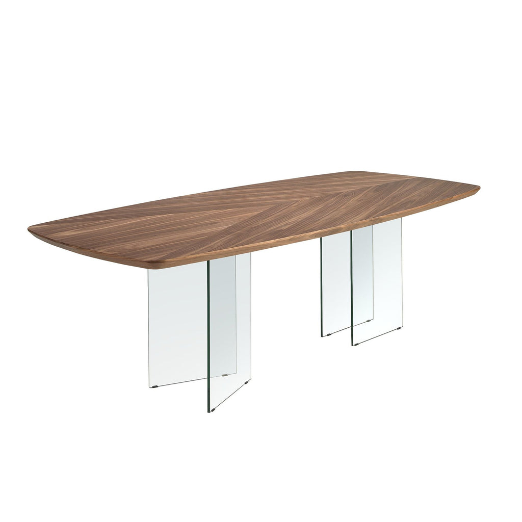 Walnut and tempered glass oval barrel dining table