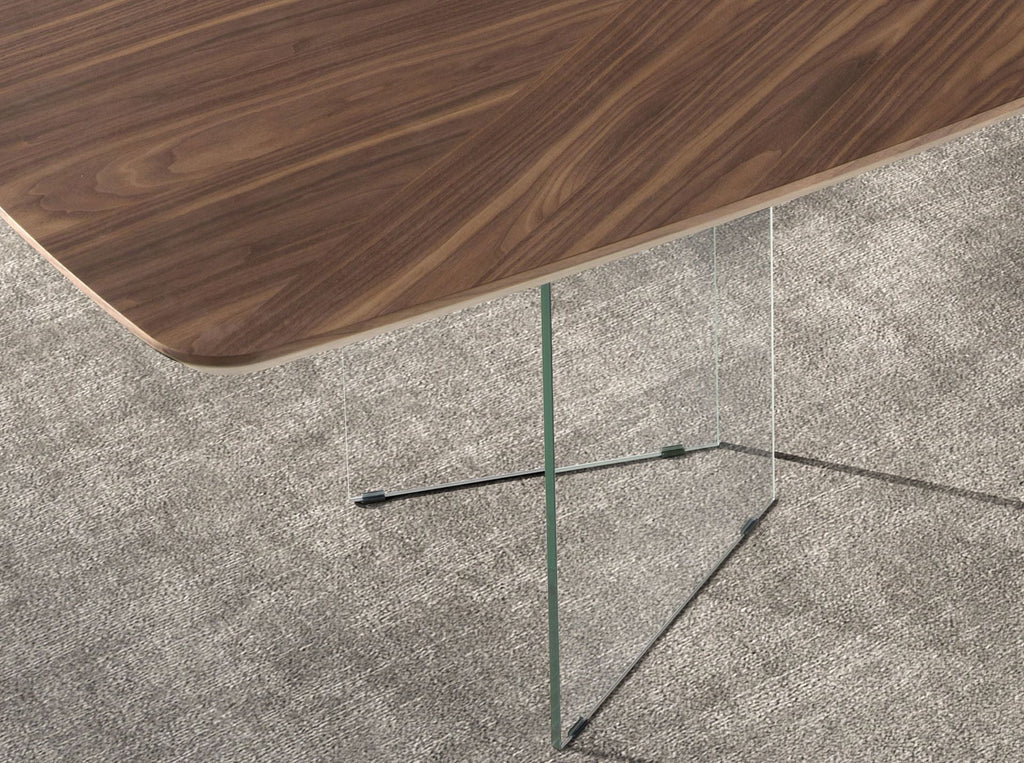 Walnut and tempered glass oval barrel dining table