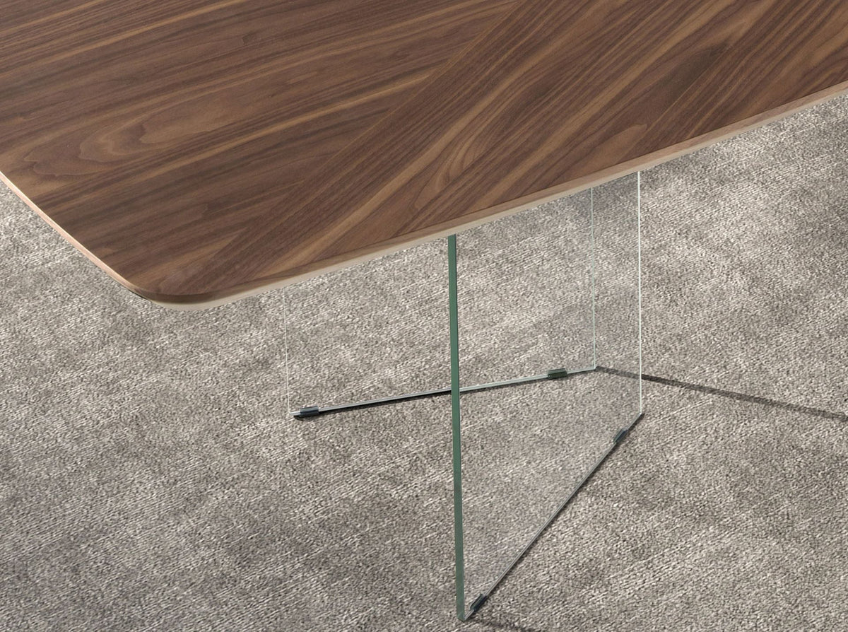 Walnut and tempered glass oval barrel dining table