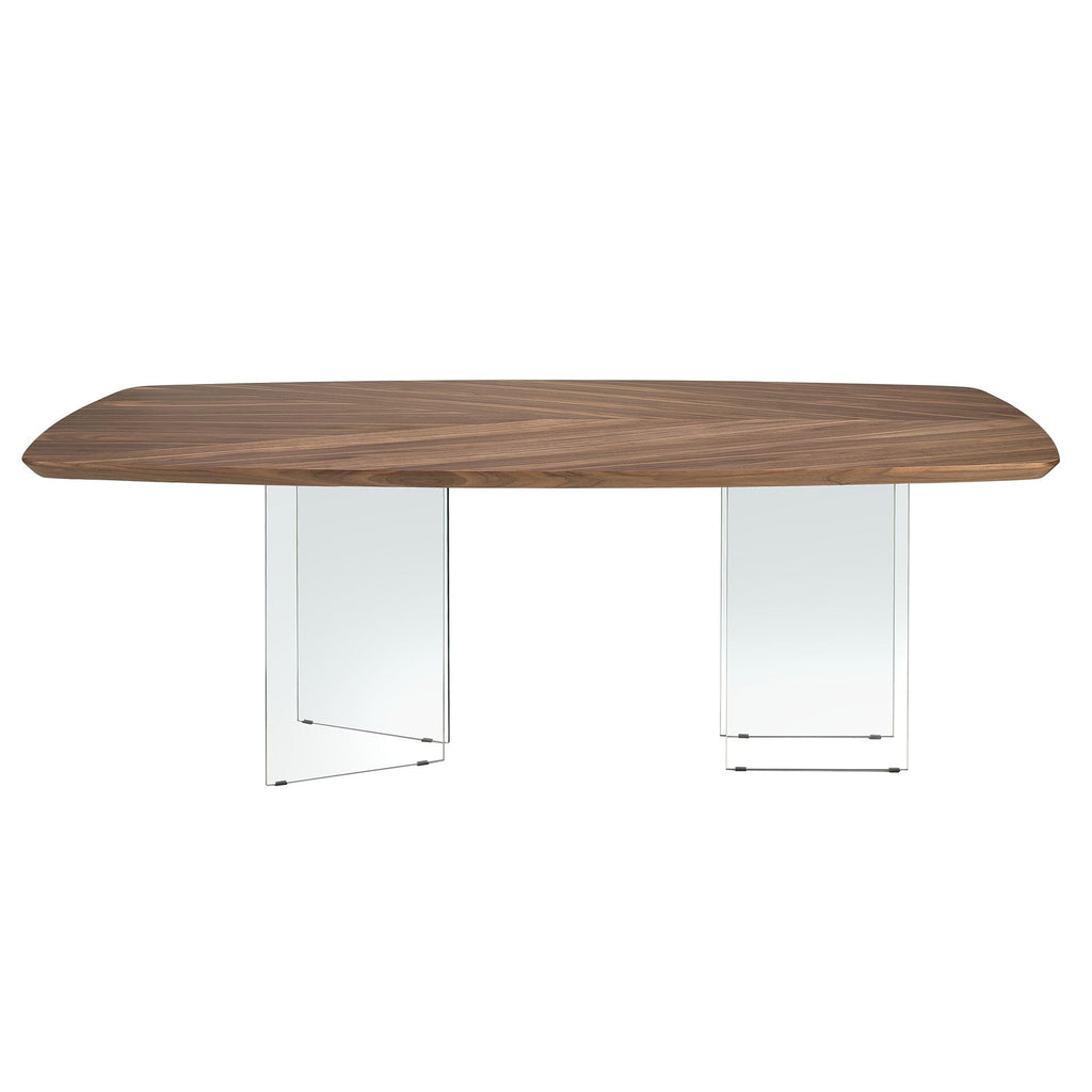 Walnut and tempered glass oval barrel dining table